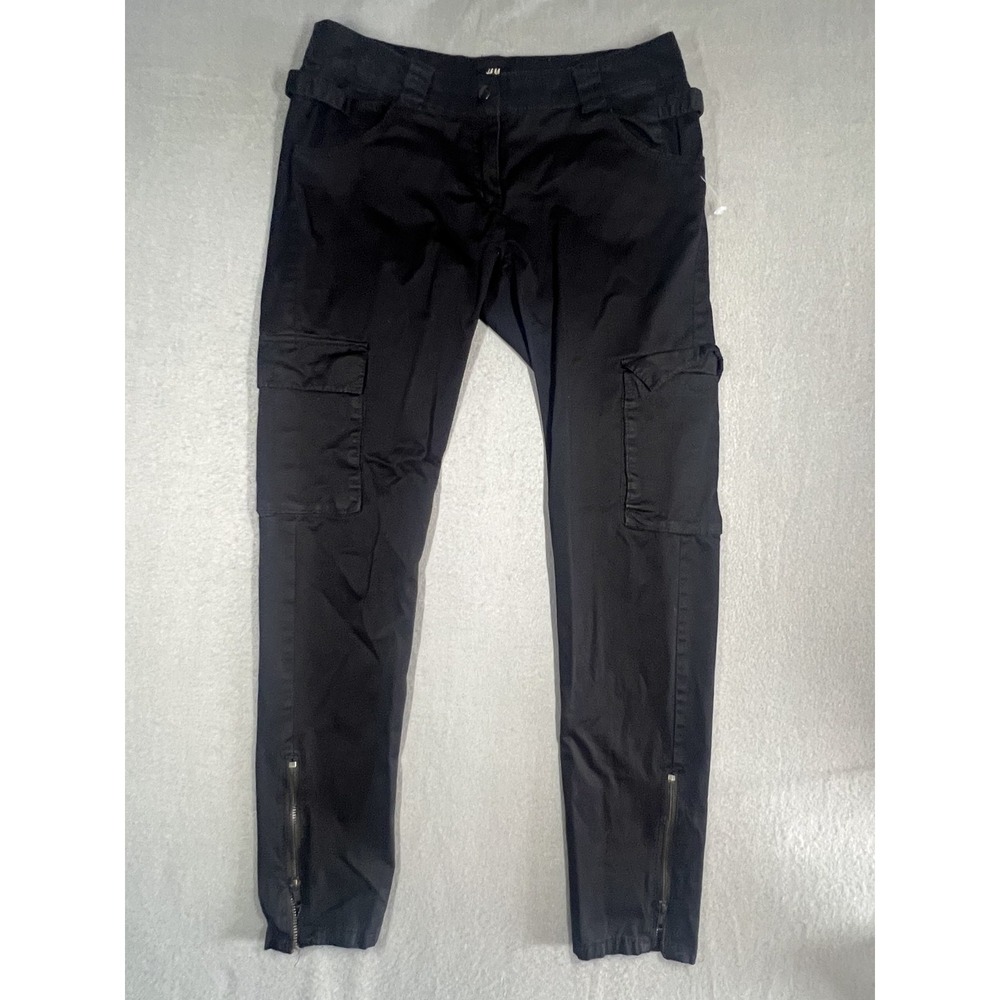 H&M Women's Black Cargo Pants Size US‎ 8 Cotton Blend Ankle Zip Stretch
